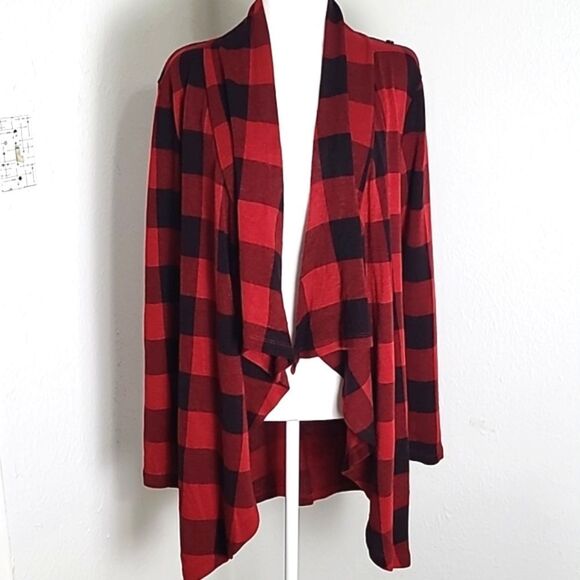 The Limited Long Jacket with Waterfall Collar, Red/Black Check Squares, Sz Large - Picture 1 of 9